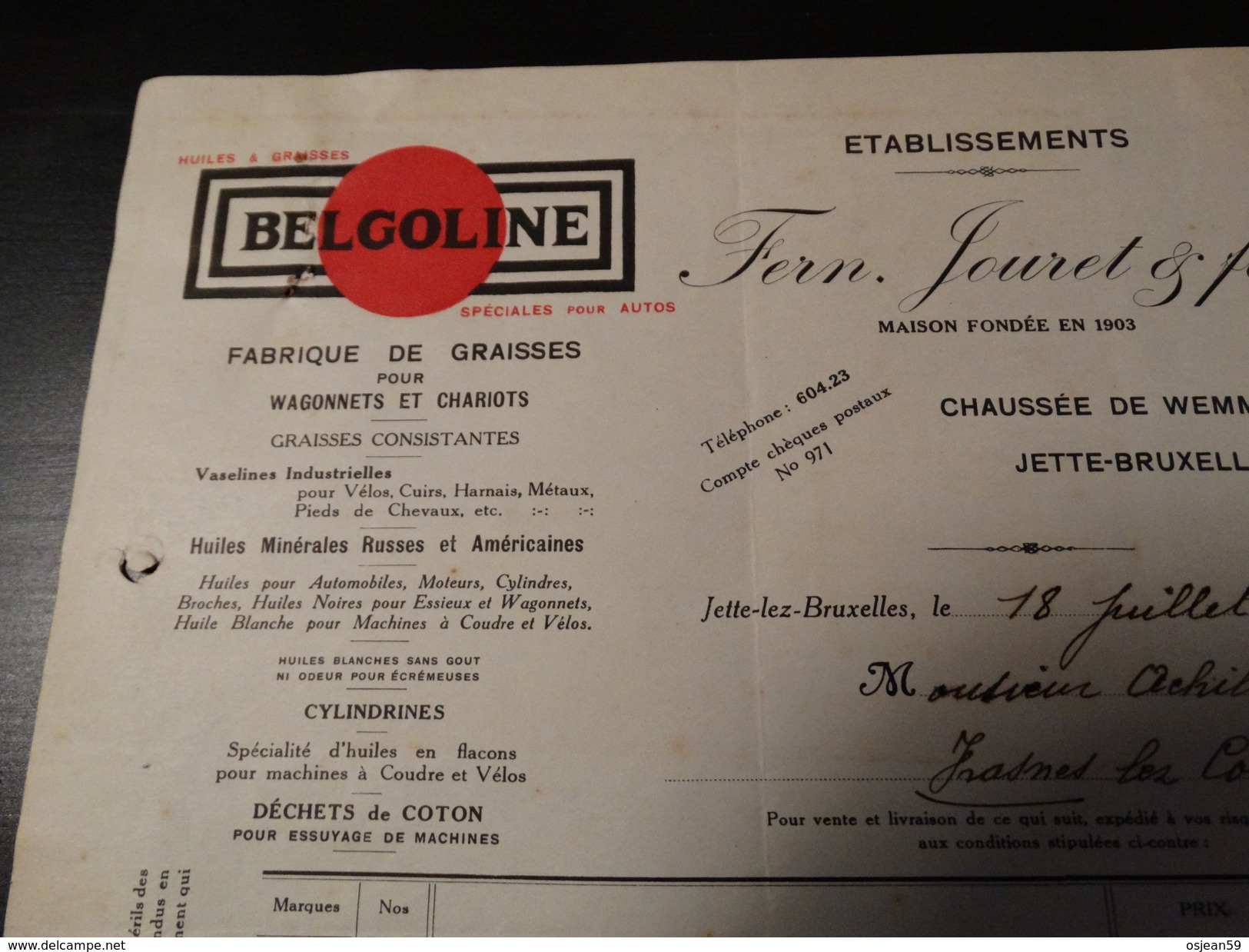 Facture :BELGOLINE Fabrique De Graisses Pour Voitures,wagonets Et Chariots à Jette-Bruxelles.-1925- - Cars