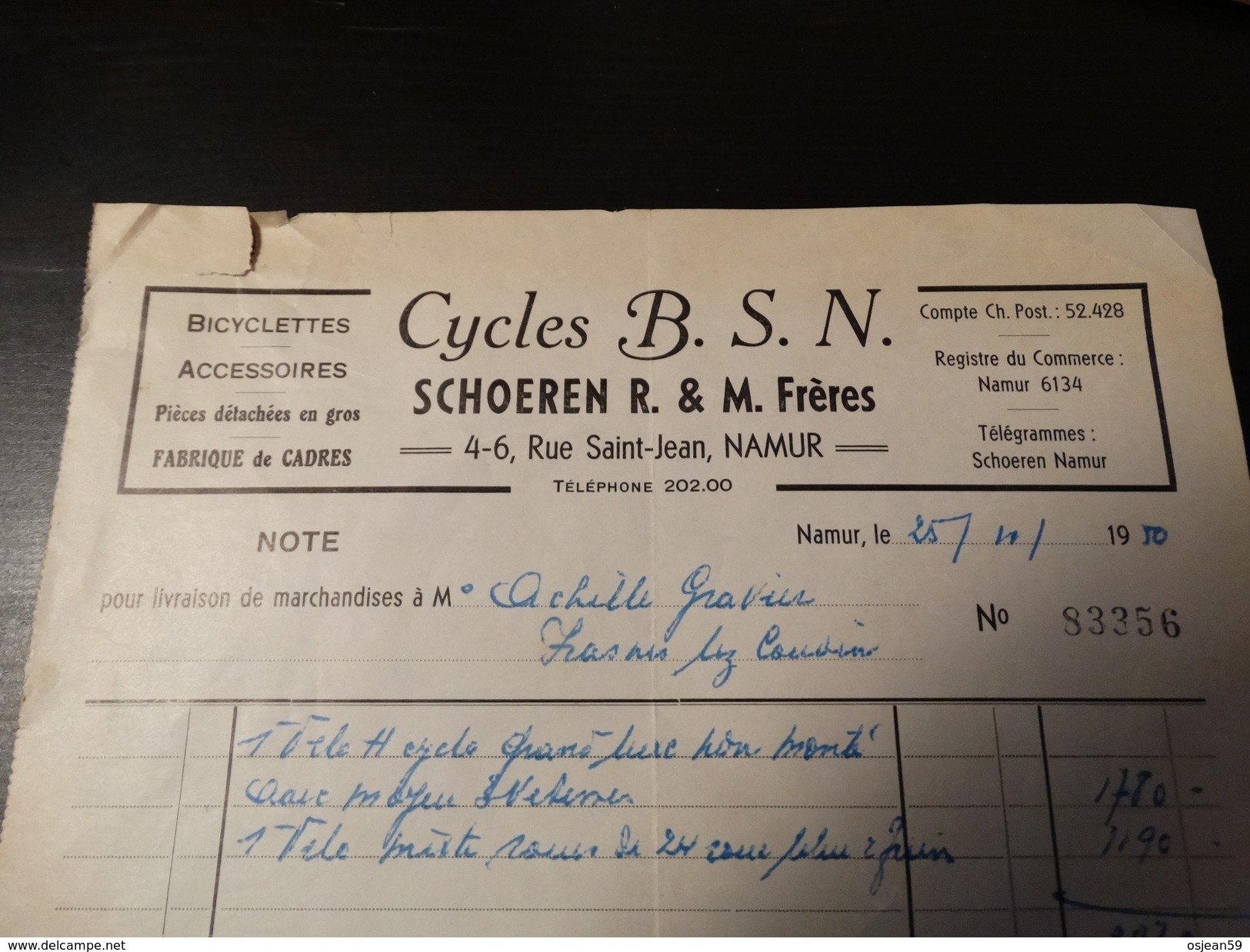 Facture :CYCLES B.S.N (Shoeren R. Et M. Frères ) à Namur.-1950- - Sport En Toerisme