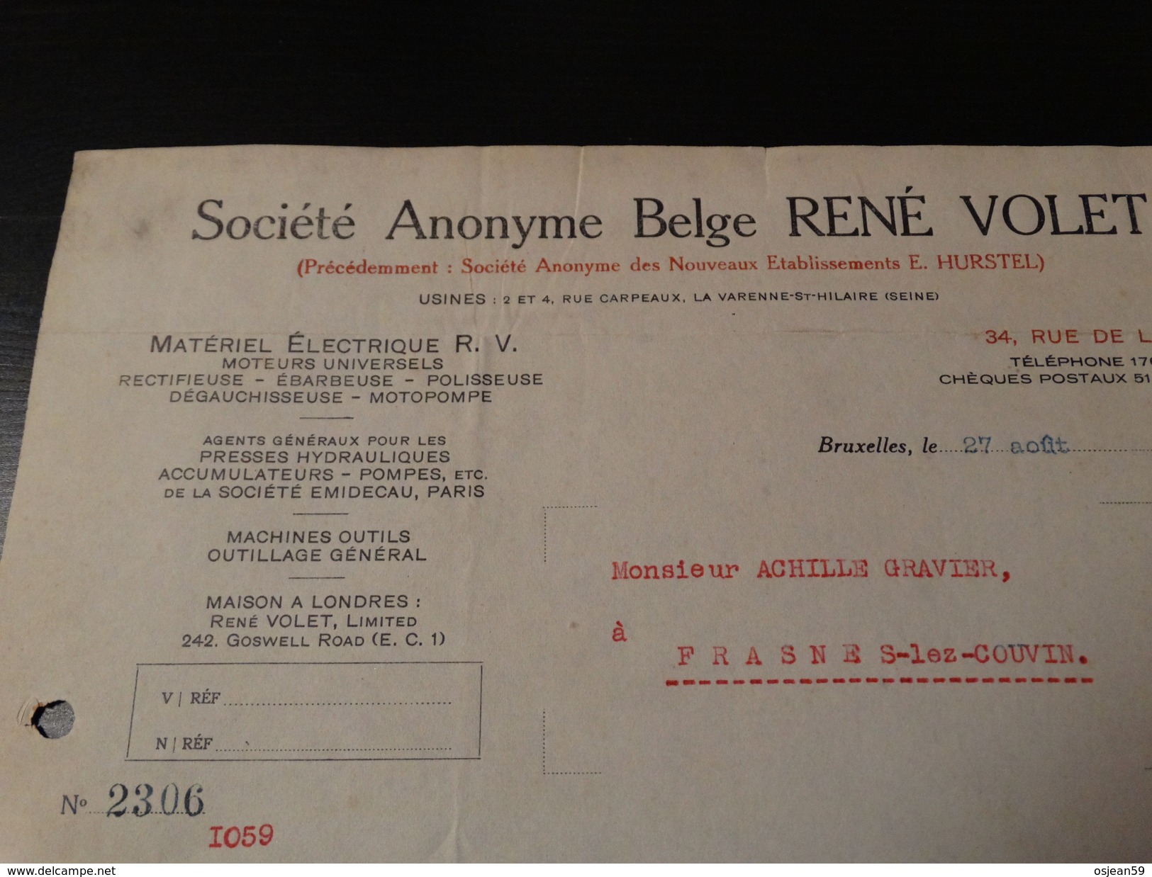 Facture :Société Anonyme Belge René Volet - Matériel électrique à Bruxelles.-1925- - Électricité & Gaz