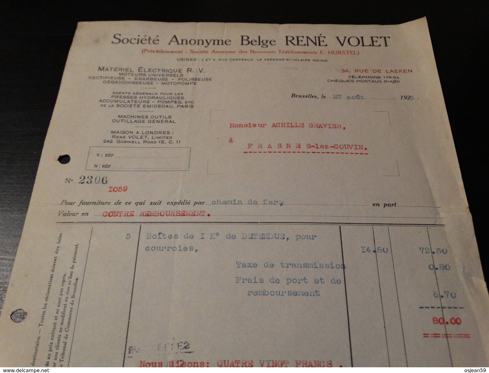 Facture :Société Anonyme Belge René Volet - Matériel électrique à Bruxelles.-1925- - Électricité & Gaz