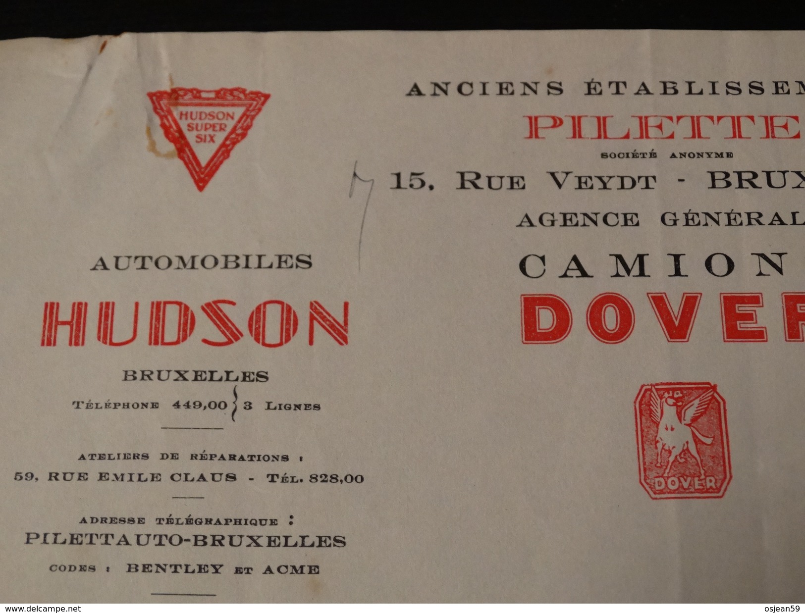 Facture :Automobiles HUDSON - Camions DOVER - Automobiles ESSEX à Bruxelles .-1930- - Cars
