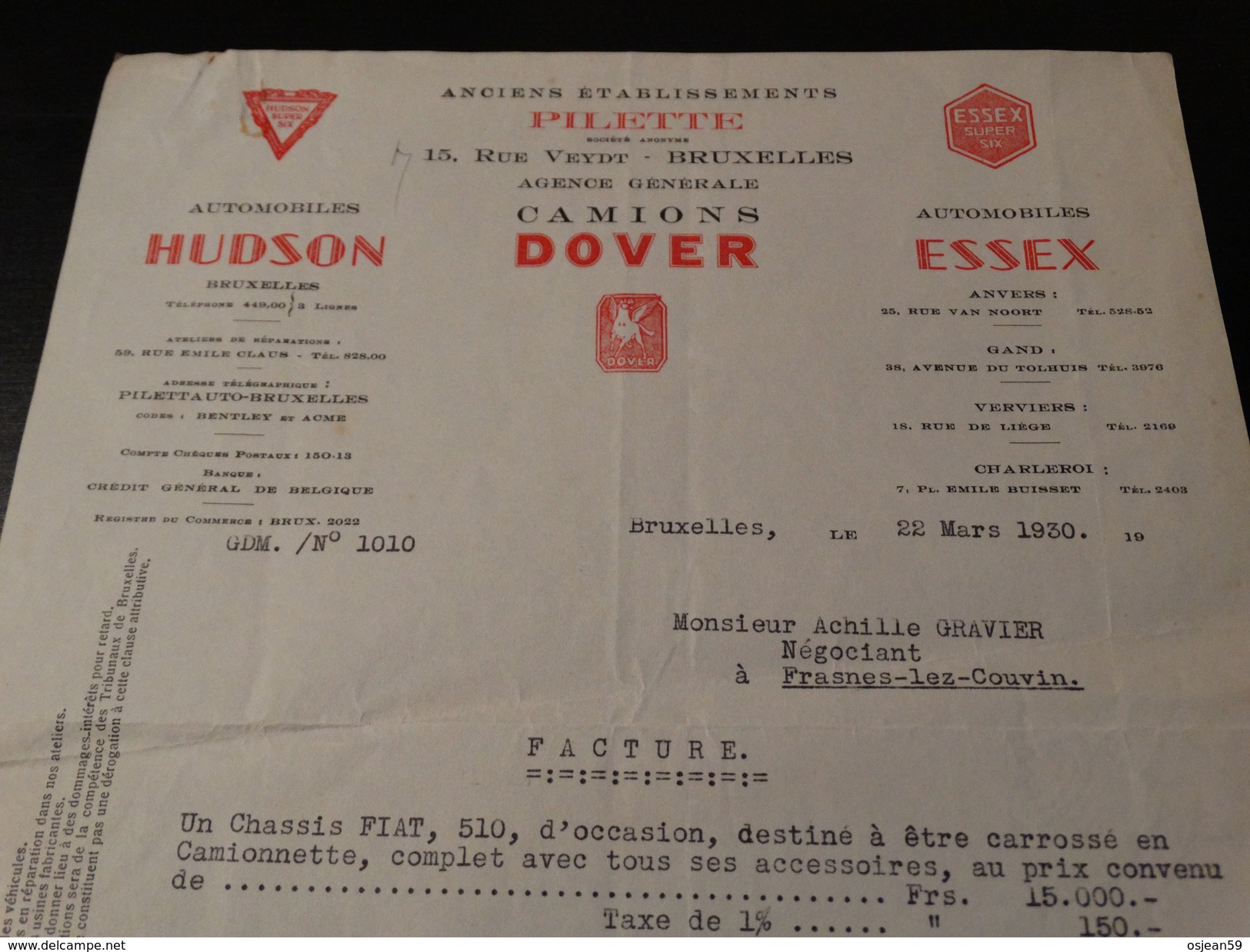 Facture :Automobiles HUDSON - Camions DOVER - Automobiles ESSEX à Bruxelles .-1930- - Automovilismo