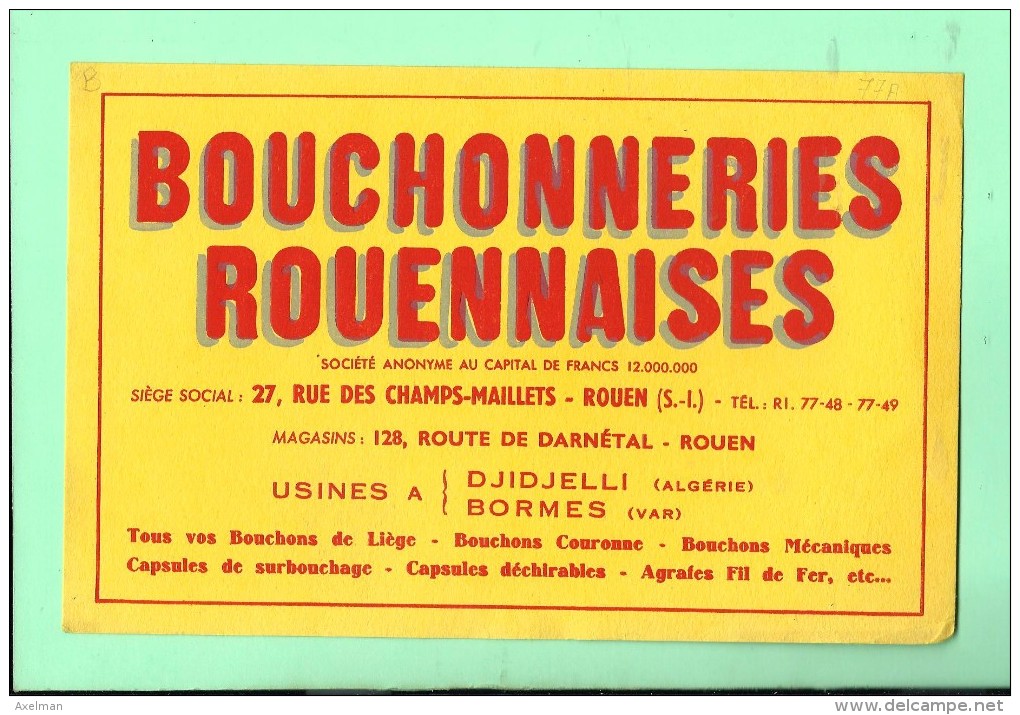 BUVARD: 21 X 13,5, Bouchonneries Rouennaises - B