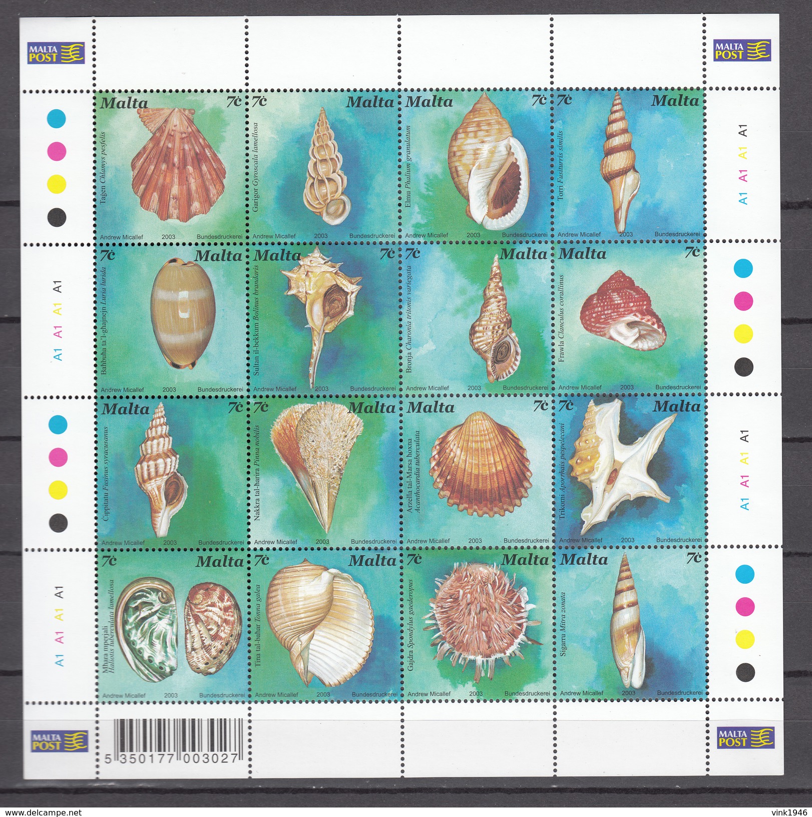 Malta 2003,16V In Sheetlet,shells,schelpen,schalen,coquilles,conchas ,conchiglie,,MNH/Postfris(L2858) - Schelpen