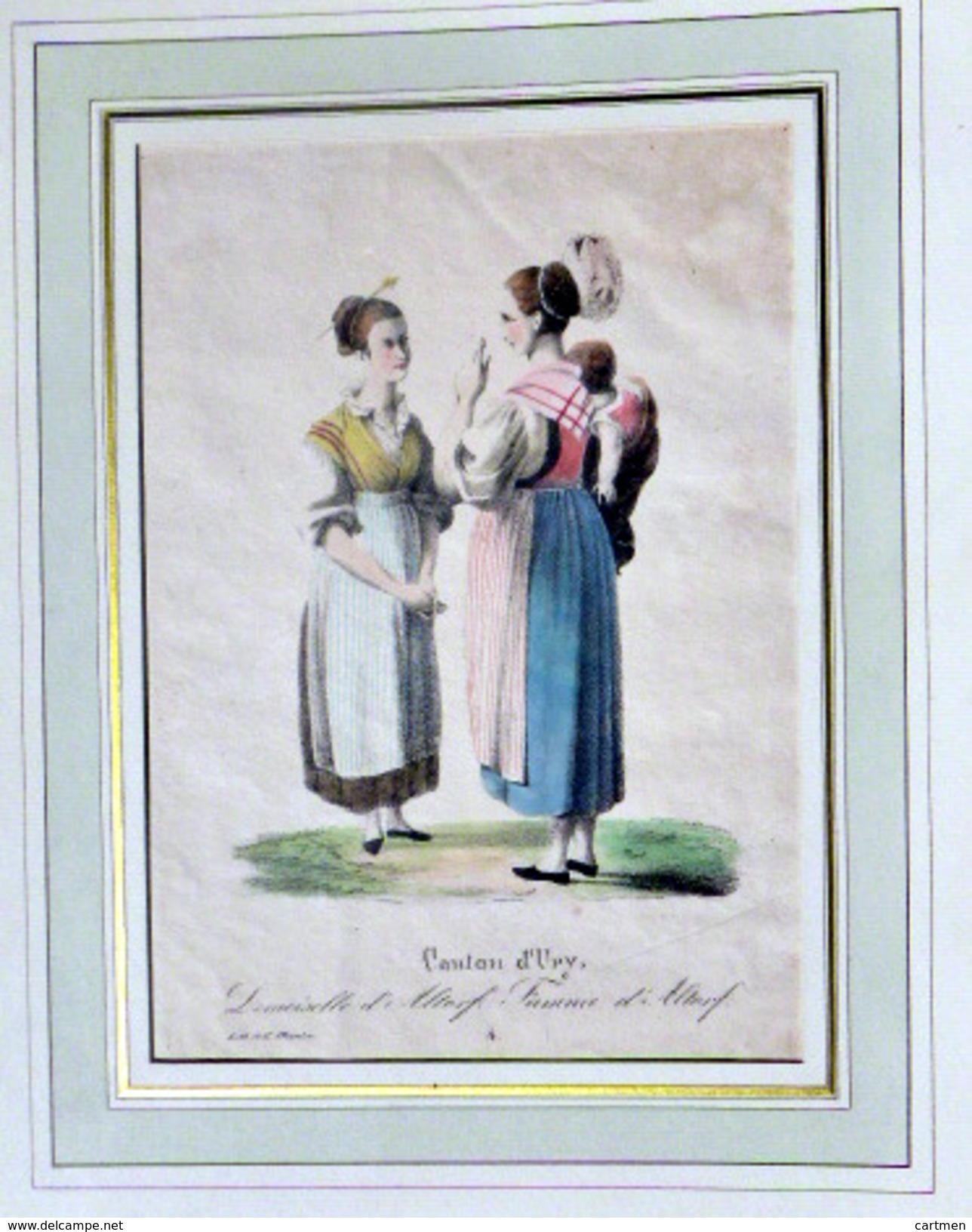 SUISSE SWISS COSTUMES  CANTON  D'URY DEMOISELLE ET FEMME D'ARTOF COLORIS DE L'EPOQUE - Estampes & Gravures