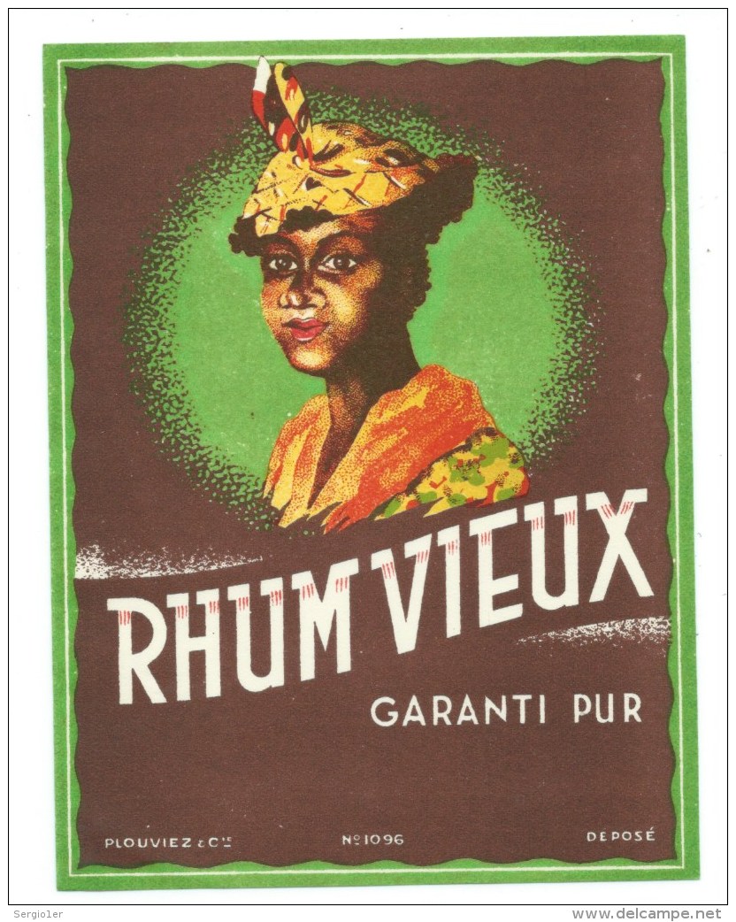 Etiquette Rhum  Vieux Garanti Pur  " Visage  Femme Coiffe "  Plouviez Et Cie - Rhum