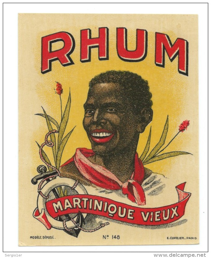 Etiquette Rhum   Martinique  Vieux   "visage Homme " Etiquette Vernissée  E Cuvelier Paris N°148 - Rhum