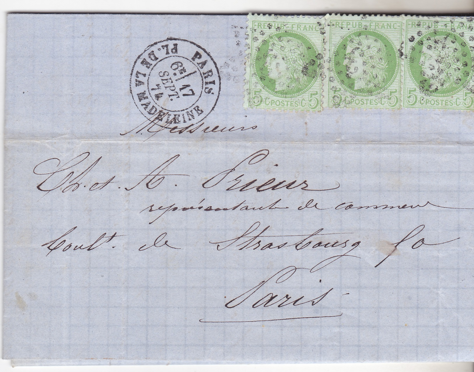 75 Paris - Lettre De 1874 Avec 3tp N°53 Et Oblit étoile 3. Complete Tb état,1 Tp Pli Vert. Bel Affranchissement Local. - 1849-1876: Période Classique