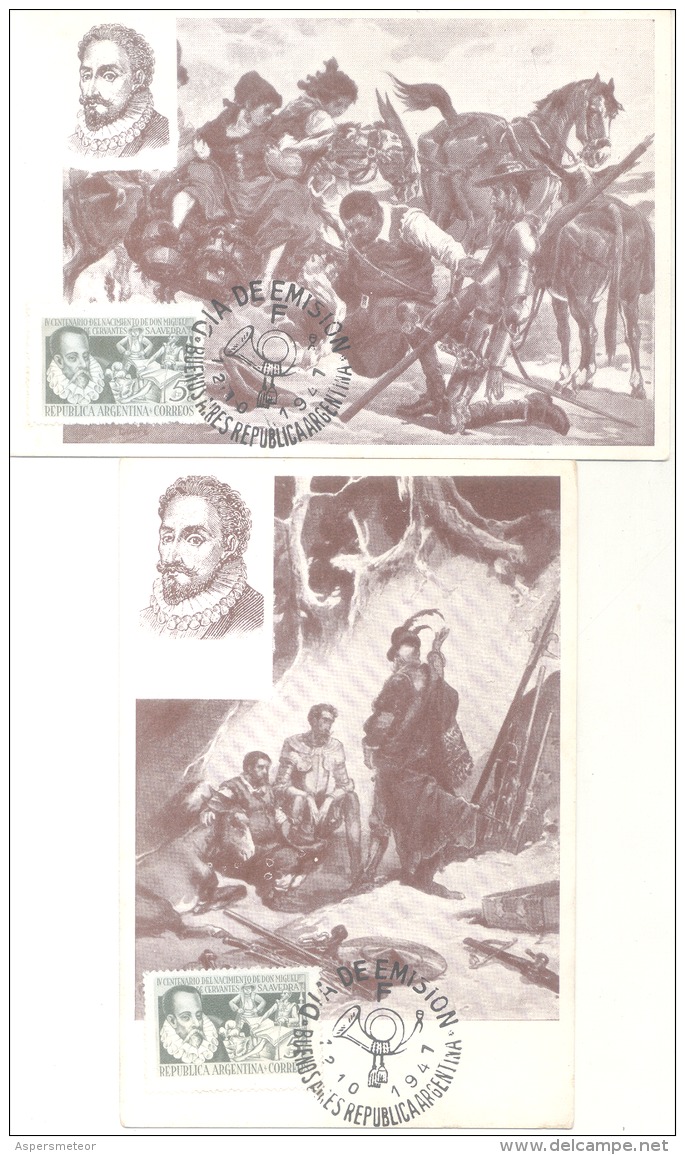 MIGUEL DE CERVANTES SAAVEDRA 2 MAXIMUM CARDS AÑO 1947 FDC TBE EL QUIJOTE DE LA MANCHA ARGENTINE - Schriftsteller