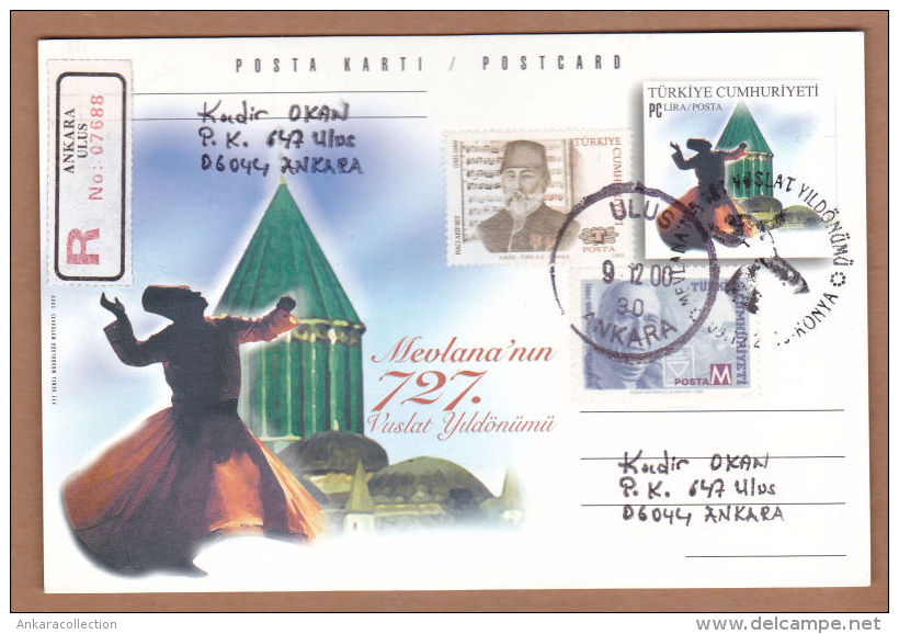 AC - TURKEY POSTAL STATIONARY - 727th ANNIVERSARY OF MEVLANA CELALEDDIN I RUMI, JALAL AD DIN MUHAMMAD RUMI 2000 - Postal Stationery