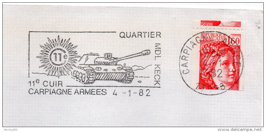 Variété Tp Sabine 1.60f ROULETTE-Piquage à Cheval Horiz-cachet 13-CARPIAGNE ARMEES 11°Cuir-char D'assaut-REZE-44- - Covers & Documents