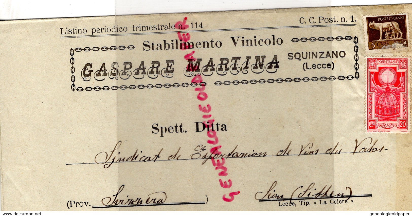 ITALIE - BELLE LETTRE FACTURE - GASPARE MARTINA-SQUINZANO ( LECCE ) UVE VINI- 1933- VINOCOLO - Italia