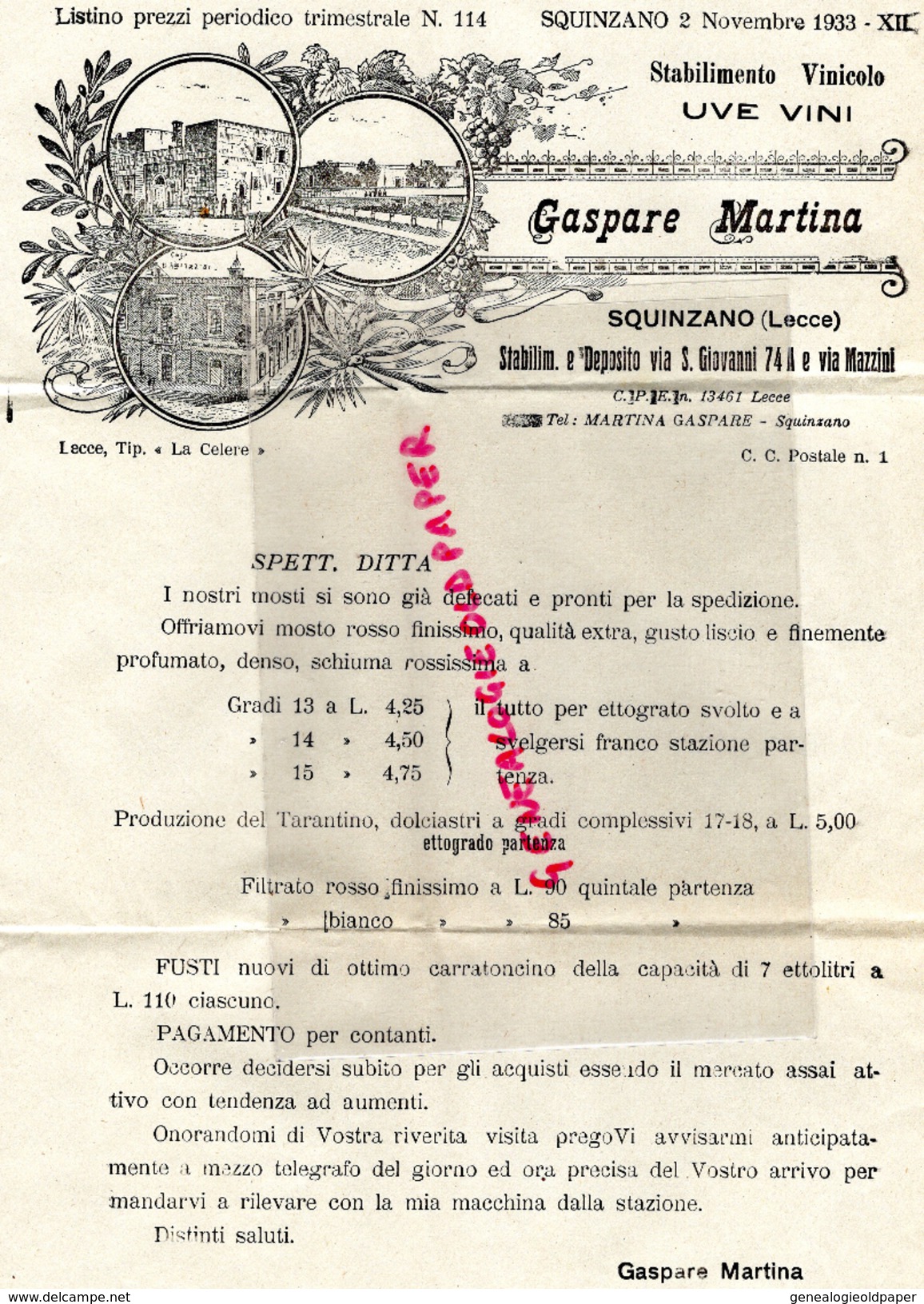 ITALIE - BELLE LETTRE FACTURE - GASPARE MARTINA-SQUINZANO ( LECCE ) UVE VINI- 1933- VINOCOLO - Italie