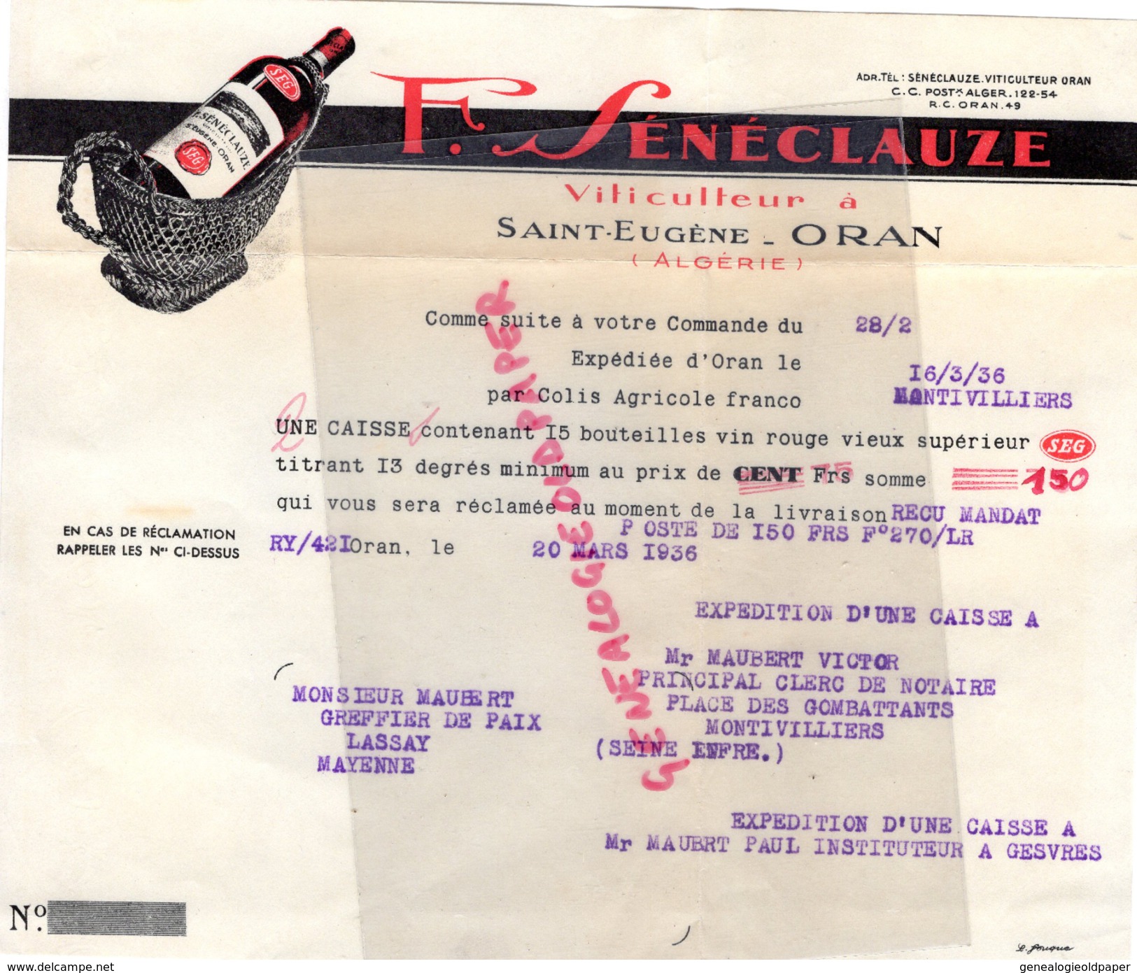 ALGERIE - ORAN - SAINT EUGENE - BELLE FACTURE F. SENECLAUZE -VITICULTEUR -1936  VIN VINS - Autres & Non Classés
