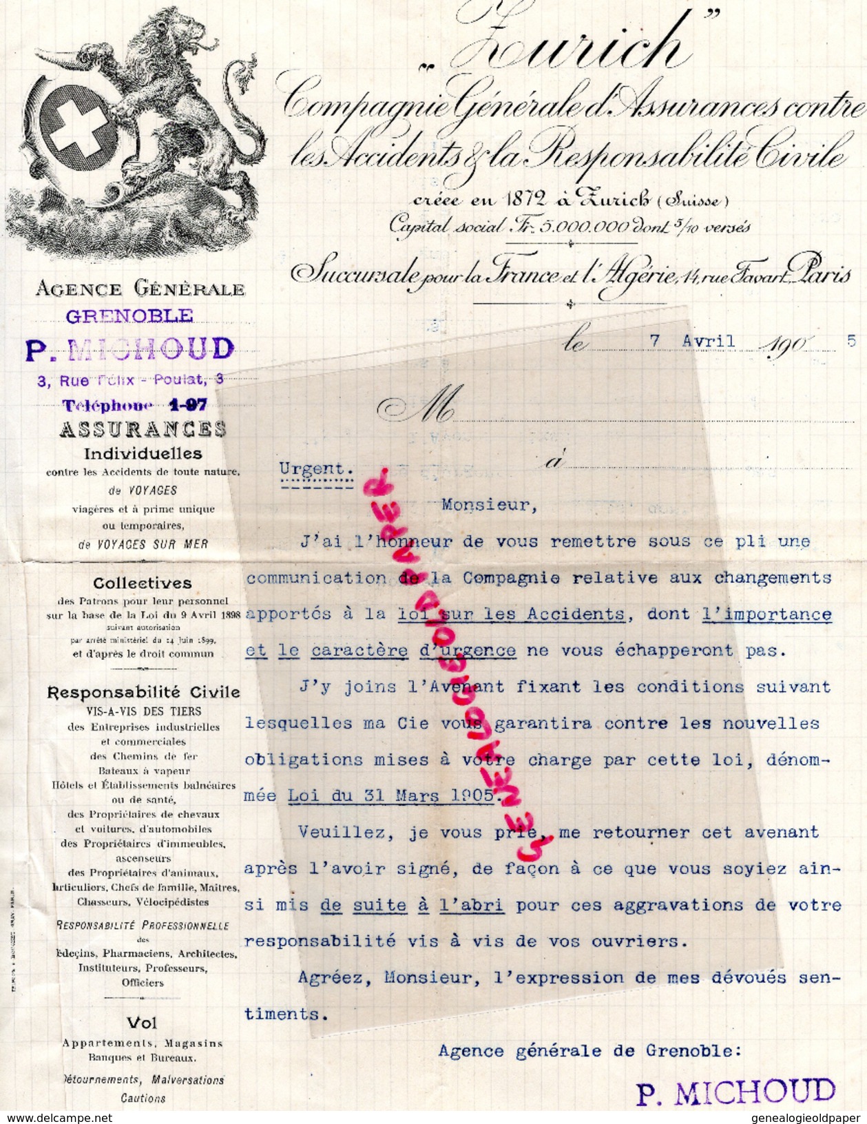 SUISSE - ZURICH - LETTRE AGENCE GRENOBLE- P. MICHOUD- ASSURANCES - PARIS- 1905 LION - Suiza