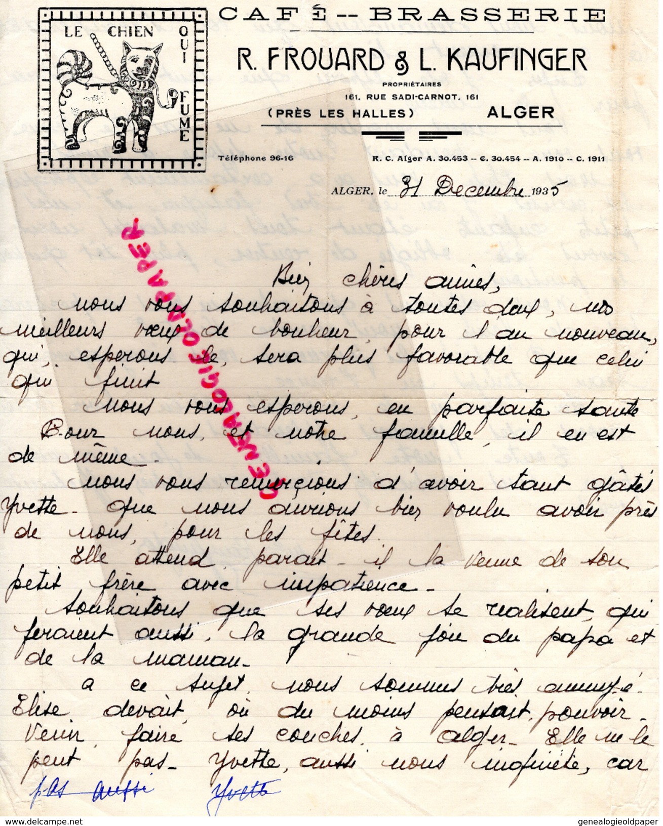 ALGERIE -ALGER- LETTRE SIGNEE CAFE- BRASSERIE- R. FROUARD & L. KAUFINGER- HALLES- 161 RUE SADI CARNOT-1935-LE CHIEN FUME - Andere & Zonder Classificatie