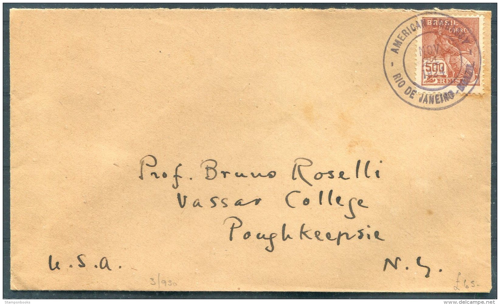 1924 Brazil American Embassy Rio De Janeiro Cover - Vasser College, Poughkeepsie, USA - Briefe U. Dokumente