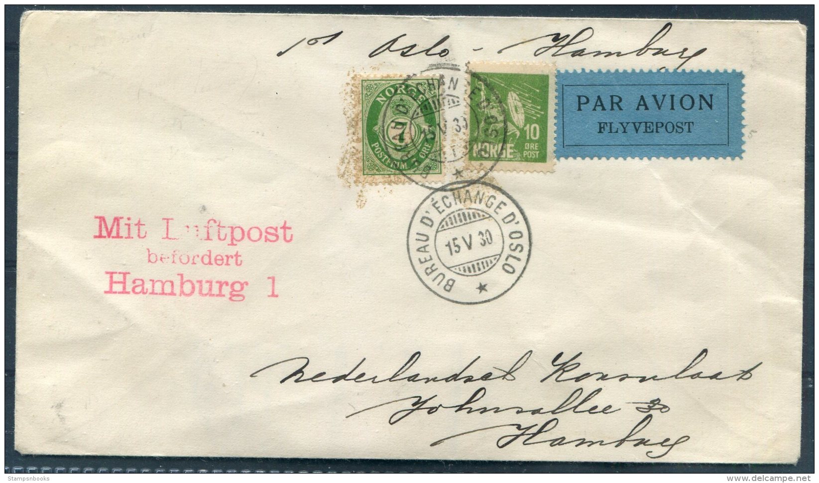 1930 Norway Oslo - Hamburg First Flight Cover - Dutch Consul. L3 Mit Luftpost, Niederlandische Konsulat, Holland - Lettres & Documents