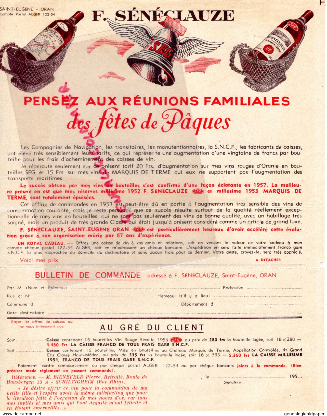 ALGERIE - ORAN - SAINT EUGENE - BELLE FACTURE F. SENECLAUZE -VITICULTEUR -1957  VIN VINS - FETES DE PAQUES -CLOCHE - Sonstige & Ohne Zuordnung