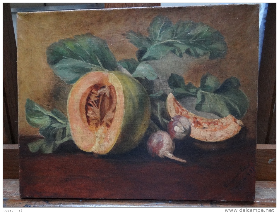 Nature Morte  XIX Siècle Potiron Et Navets Suzanne Bosc 1892 - Oleo