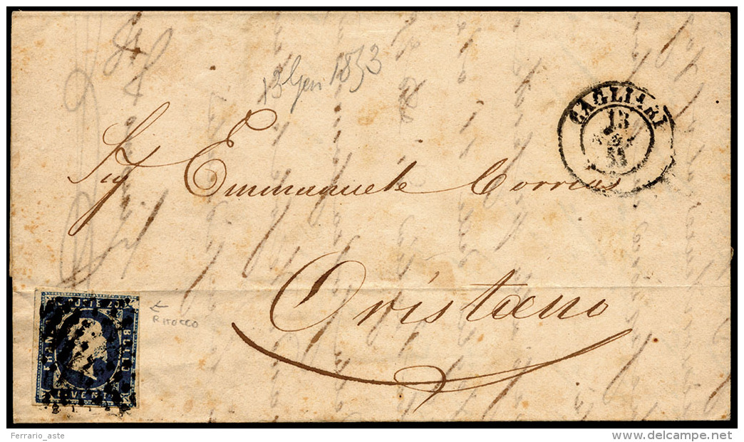 1853 - 20 Cent. Azzurro (2), Ritocco Angolo Superiore Destro, Appena Sfiorato In Un Punto, Su Letter... - Sardaigne