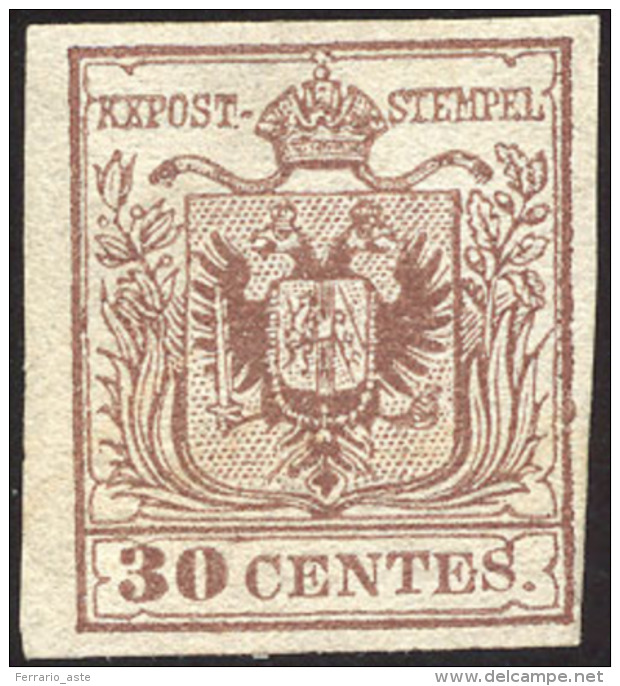 1850 - 30 Cent. Bruno, I Tiratura (7b), Nuovo Senza Gomma, Perfetto. A.Diena.... - Lombardo-Vénétie