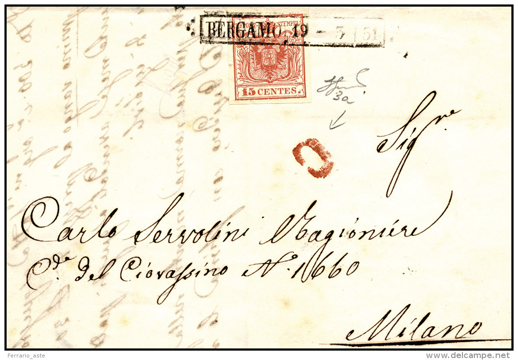 1851 - 15 Cent. Rosso, Prima Tiratura (3a), Perfetto, Su Lettera Da Bergamo 19/3/1851 A Milano, Boll... - Lombardo-Vénétie