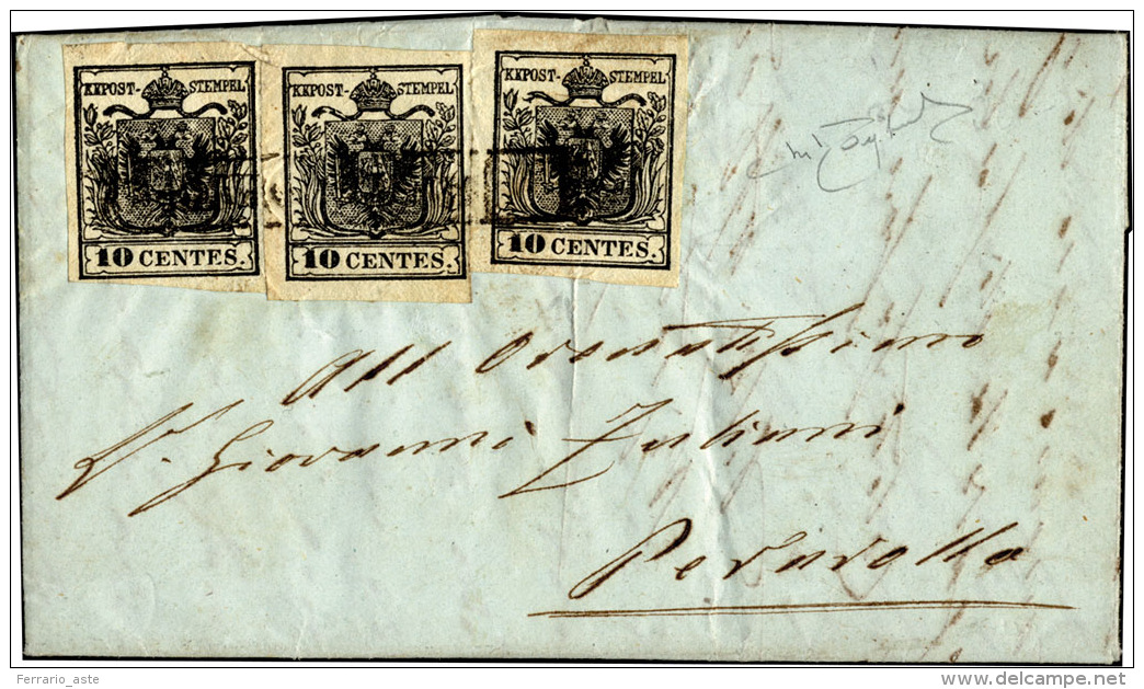 1855 - 10 Cent. Nero Intenso (2d), Un Esemplare Del I Sottotipo E Due Del II, Perfetti, Su Lettera D... - Lombardo-Vénétie