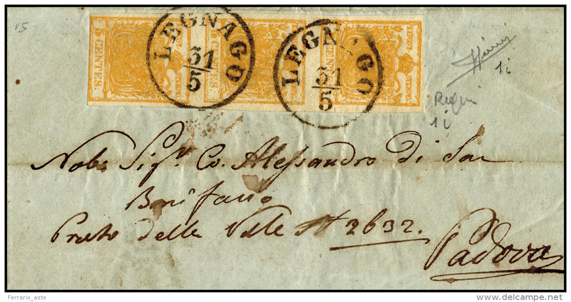 1857 - 5 Cent. Arancio Carico (1i), Striscia Di Tre, Giusta In Basso Su Lettera Da Legnago 31/5/1857... - Lombardo-Vénétie