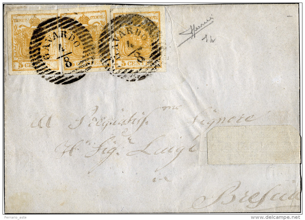 1850 - 5 Cent. Arancio (1h), Tre Esemplari Perfetti Su Sovracoperta Da Gavardo 4/8 A Brescia, Bollo ... - Lombardo-Vénétie