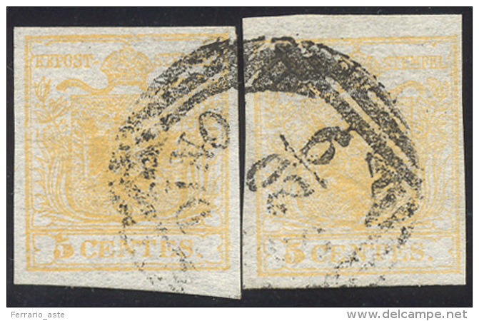 1850 - 5 Cent. Giallo Arancio (1g), Due Esemplari Di Tinte Leggermente Diverse, Perfetti, Usati A Ga... - Lombardo-Vénétie