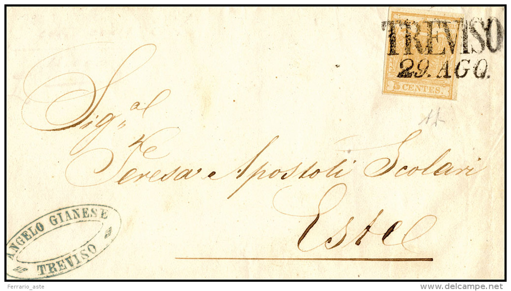 1855 - 5 Cent. Giallo Arancio Chiaro (1f), Perfetto, Isolato Su Sovracoperta Di Circolare Da Treviso... - Lombardo-Vénétie