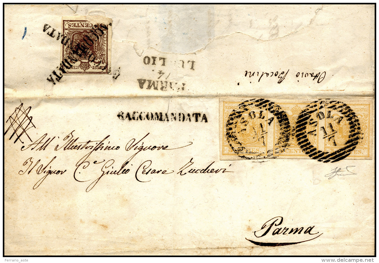 1852 - 5 Cent. Giallo Ocra, Striscia Di Tre, Perfetta, 30 Cent. Bruno, I Tipo, Difettoso In Basso (1... - Lombardo-Vénétie