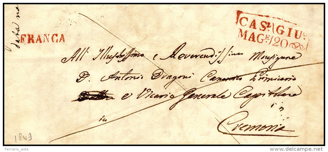 1849 - Lettera Da Casalmaggiore 20/6/1849, Bollo Riquadrato E "franca" Rossi Per Cremona. Bella!... - Lombardo-Vénétie