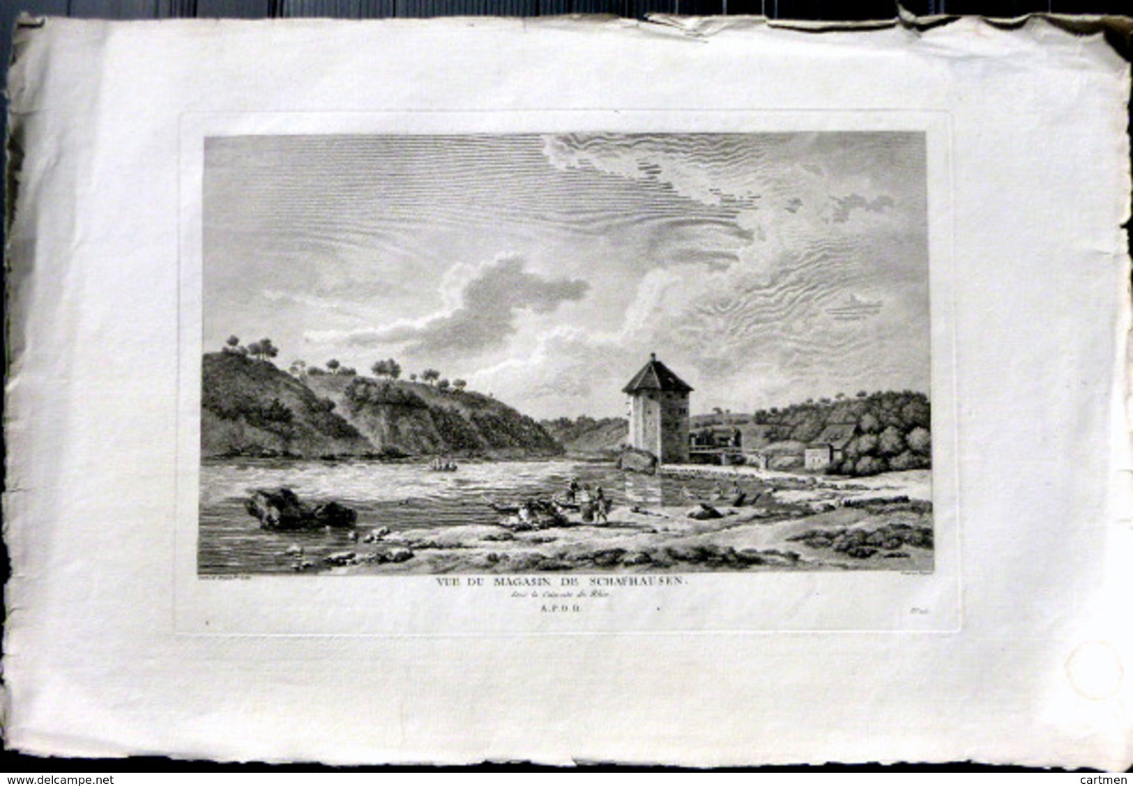 SUISSE SWISS GRANDE VUE DU MAGASIN DE SCHAFHAUSEN  SOUS LES CATARACTES DU RHONE  ZURLAUBEN 1780 - Estampes & Gravures