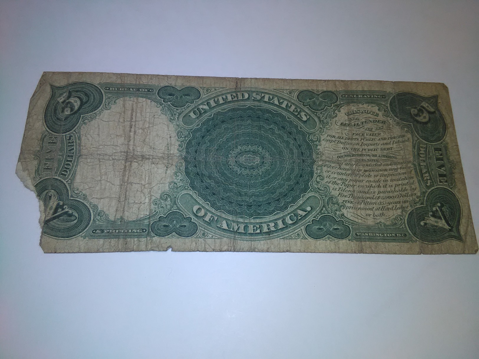 U.S.A. UNITED STAES 1907 $5  BANKNOTE LOC#A1267 - United States Notes (1862-1923)