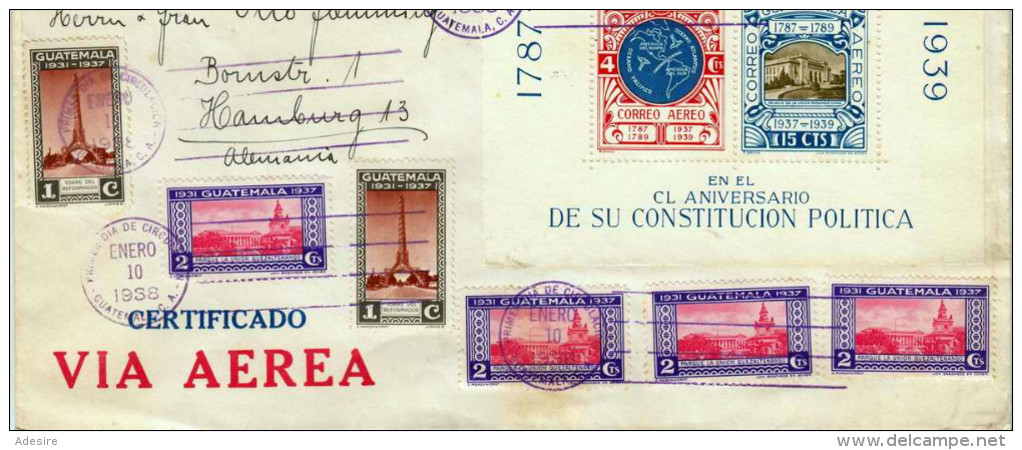 GUATEMALA 1938 (5 Scans) ... 18 Special Stamps With Block On Large FDC Letter With Many Stamps - Guatemala