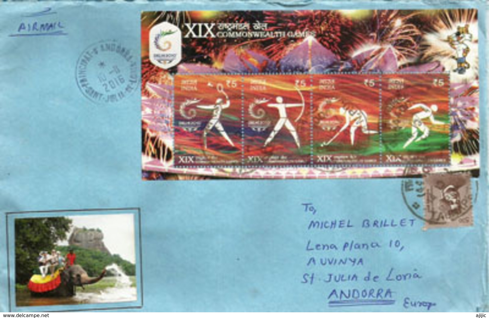 Commonwealth Games 2010 Delhi, Miniature Sheet On Letter Addressed To ANDORRA, With Arrival Stamp - Lettres & Documents