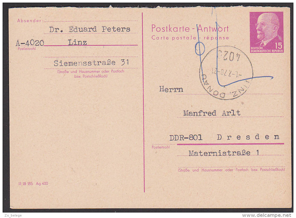 Linz Österreich 15 Pfg. Walter Ulbricht GA-Karte Mit SSt. Gebraucht Nach Dresden (MiNr. P78A), Portogenau - Postales - Usados