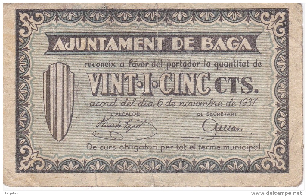 BILLETE DE 25 CTS DEL AJUNTAMENT DE BAGA DEL AÑO 1937 (BANKNOTE) - Autres & Non Classés