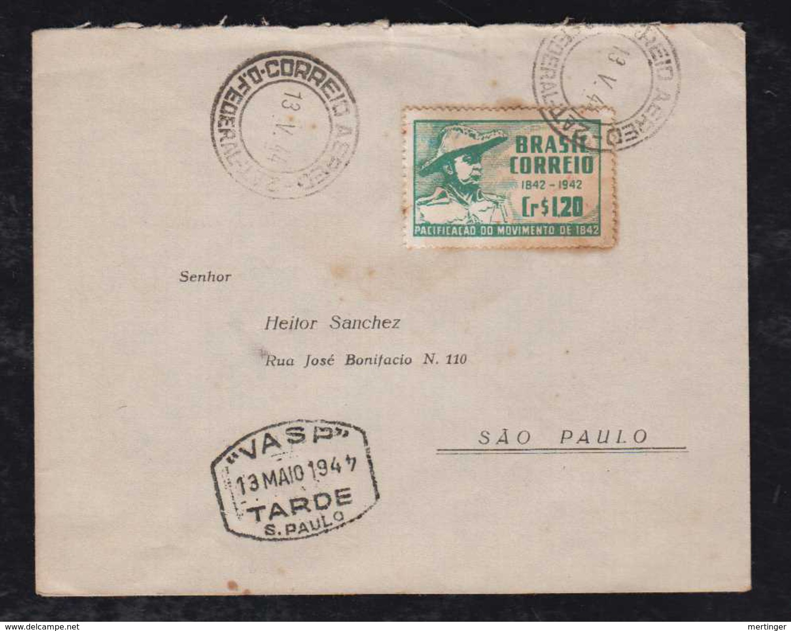 Brazil Brasil 1944 Airmail VASP RIO DE JANEIRO - SAO PAULO 4 De 1944 Invertido - Poste Aérienne (Compagnies Privées)
