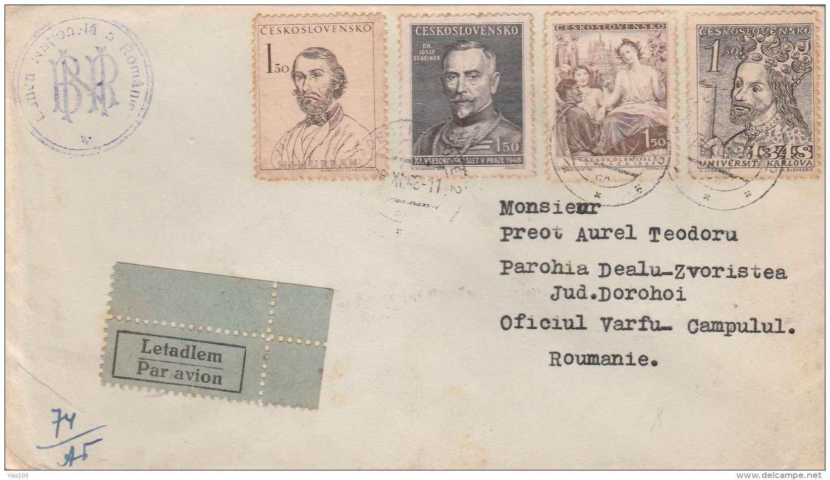 #BV5096 FAMOUS PEOPLE,  PAR AVION, STAMPS ON COVER, 1948, CZECHOSLOVAKIA. - Luchtpost