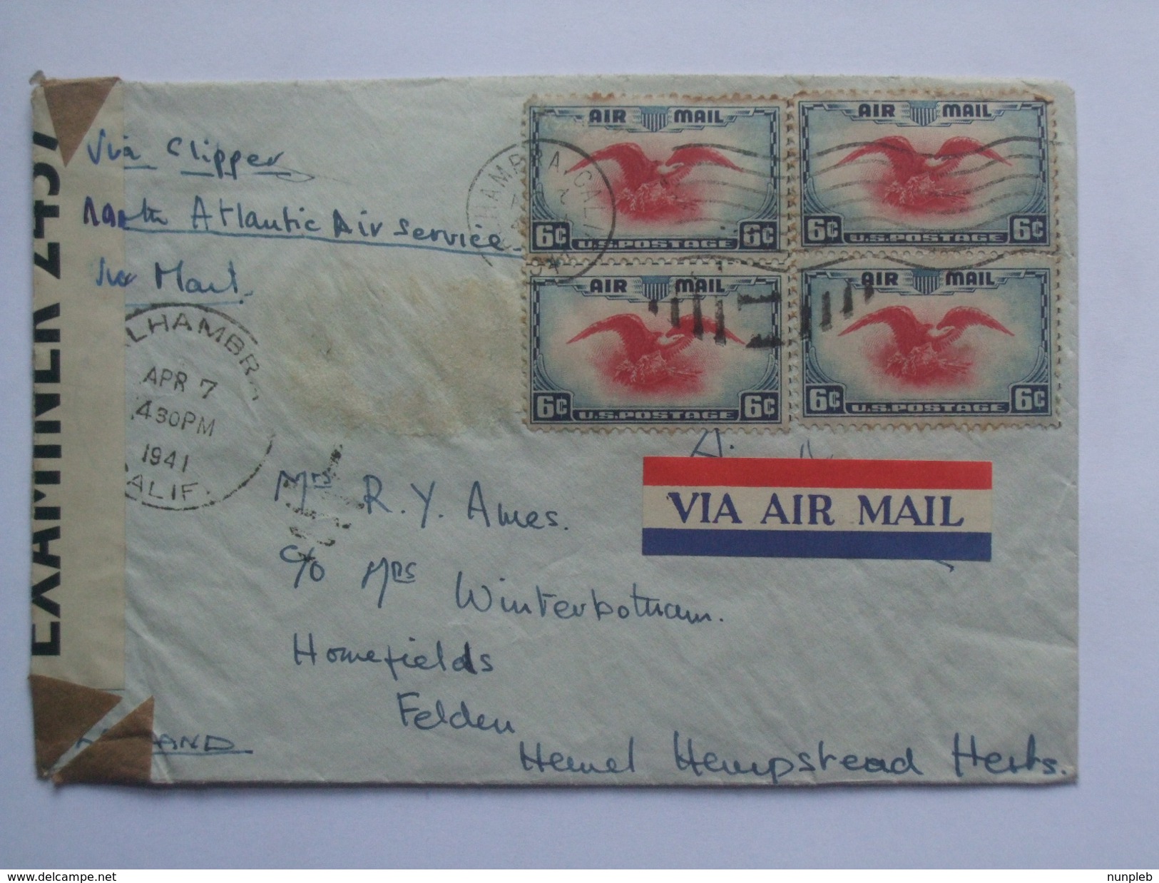 USA 1941 AIR MAIL CENSOR COVER ALHAMBRA CA TO HEMEL HEMPSTEAD ENGLAND - Covers & Documents