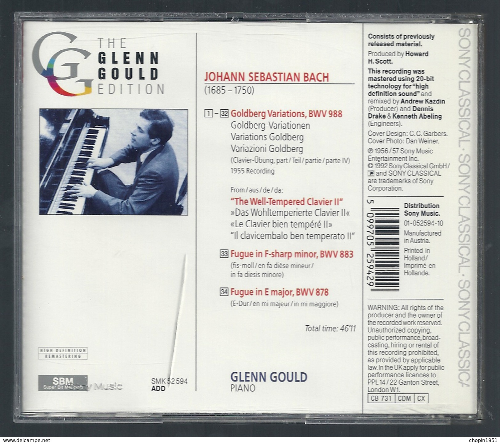 CD PIANO - BACH : VARIATIONS GOLDBERG - 1955 - GLENN GOULD, Piano - Klassik