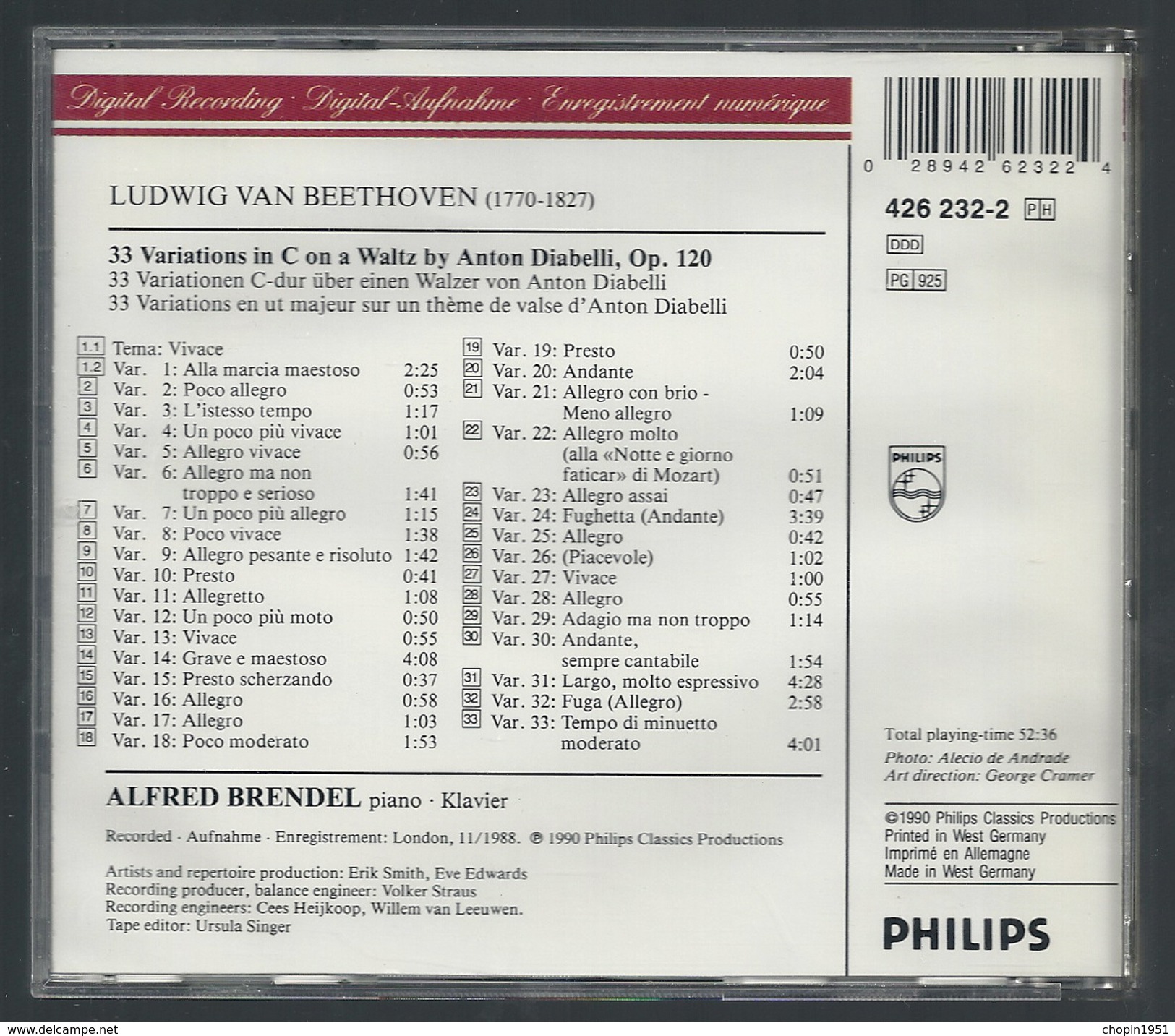 CD PIANO - BEETHOVEN : VARIATIONS DIABELLI - ALFRED BRENDEL, Piano - Klassik
