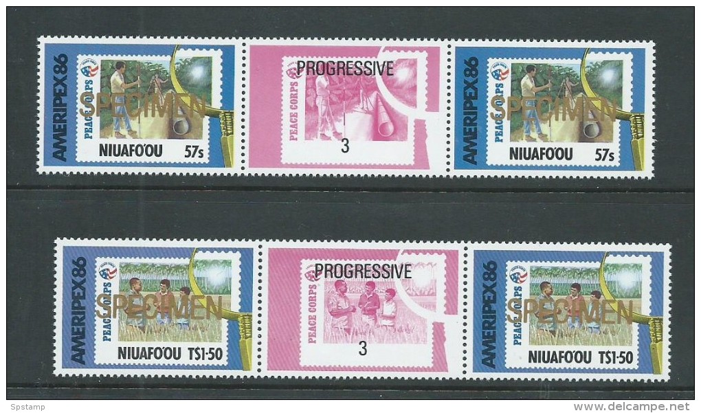 Tonga Niuafo´ou 1986 Ameripex Peace Corps Set 2 Gutter Pairs With Labels Gold Specimen Overprint MNH - Tonga (1970-...)