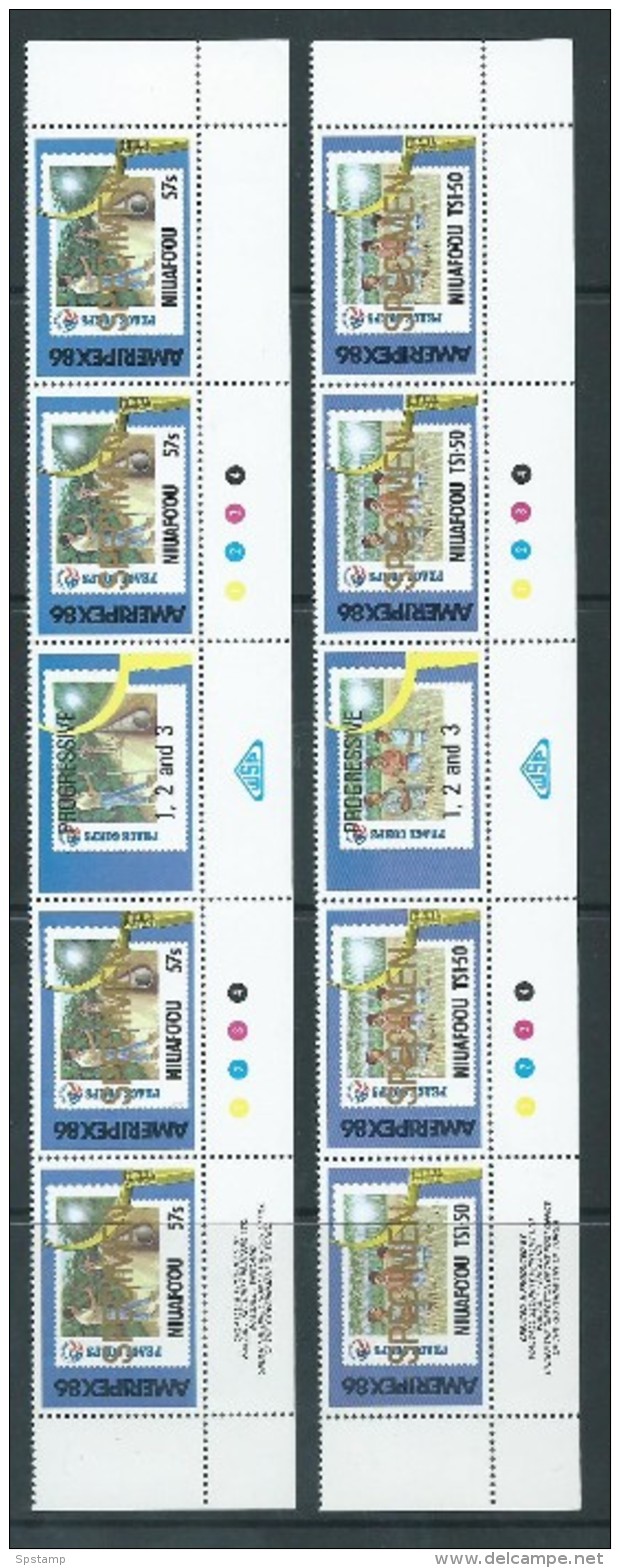 Tonga Niuafo´ou 1986 Ameripex Peace Corps Set 2 Imprint Strips Of 4 With Gutter Labels Gold Specimen Overprint MNH - Tonga (1970-...)