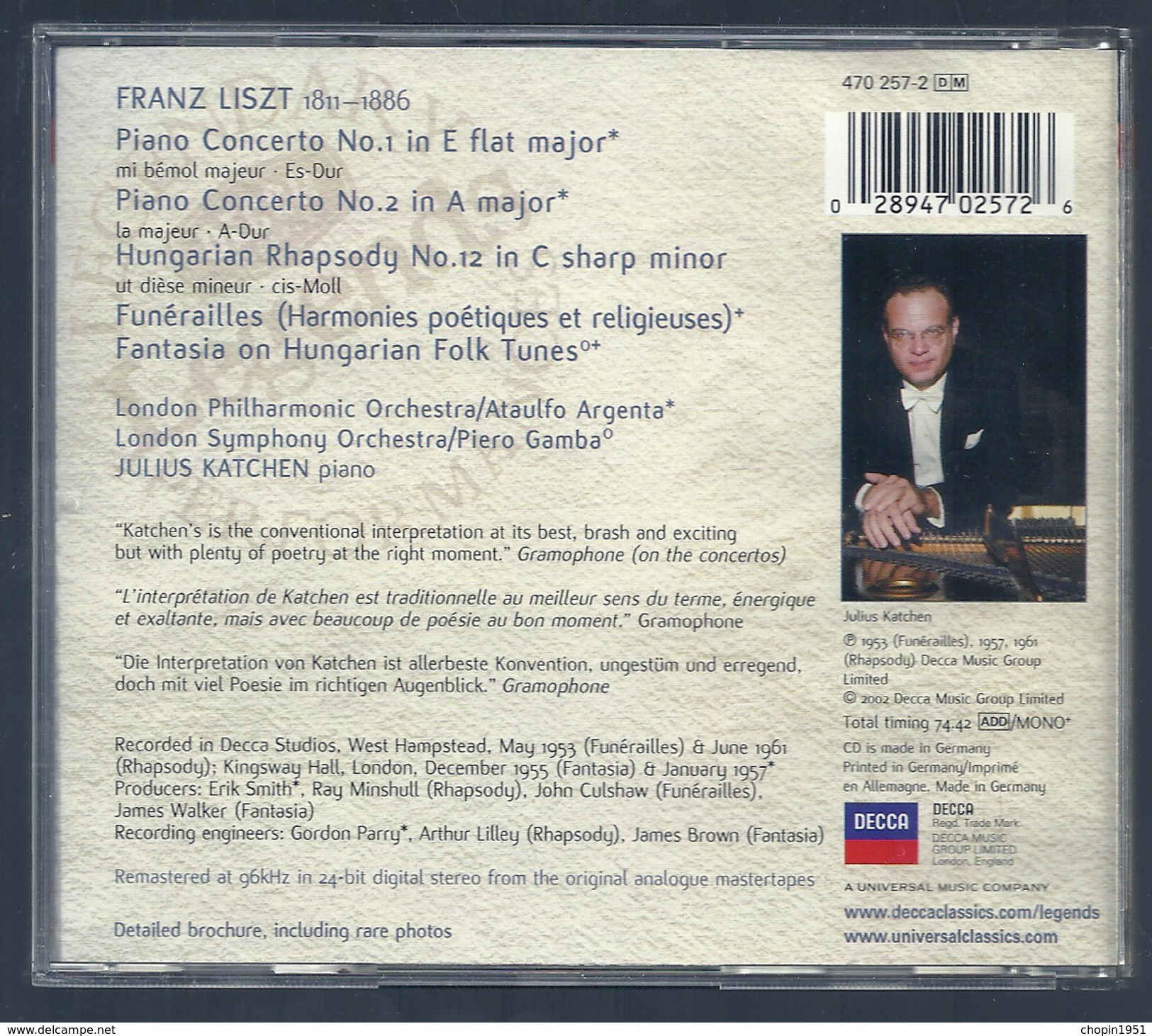 CD PIANO - LISZT : LES DEUX CONCERTOS POUR PIANO - JULIUS KATCHEN, Piano - Klassik