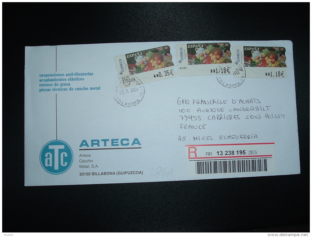 LR Pour La FRANCE TP FRUITS 1,18 X2 + TP 0,35 OBL.27 7 2004 VILLABONA + ARTECA - Storia Postale