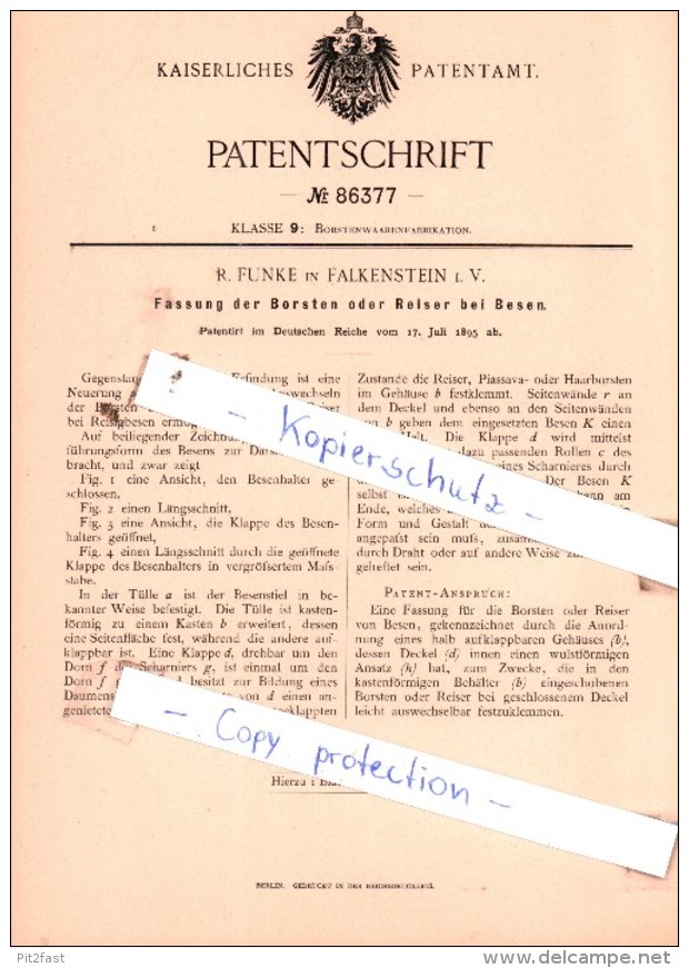 Original Patent  - R. Funke In Falkenstein I. V. , 1895 , Fassung Der Borsten Oder Reiser Bei Besen !!! - Historische Dokumente